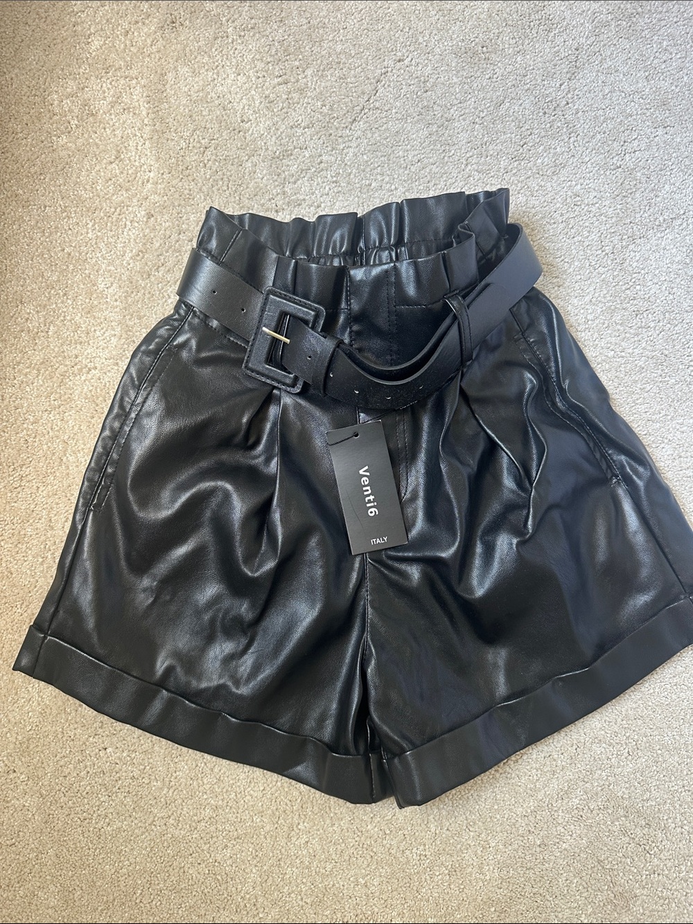 Black Faux Leather Paperbag Waist Shorts with Belt
